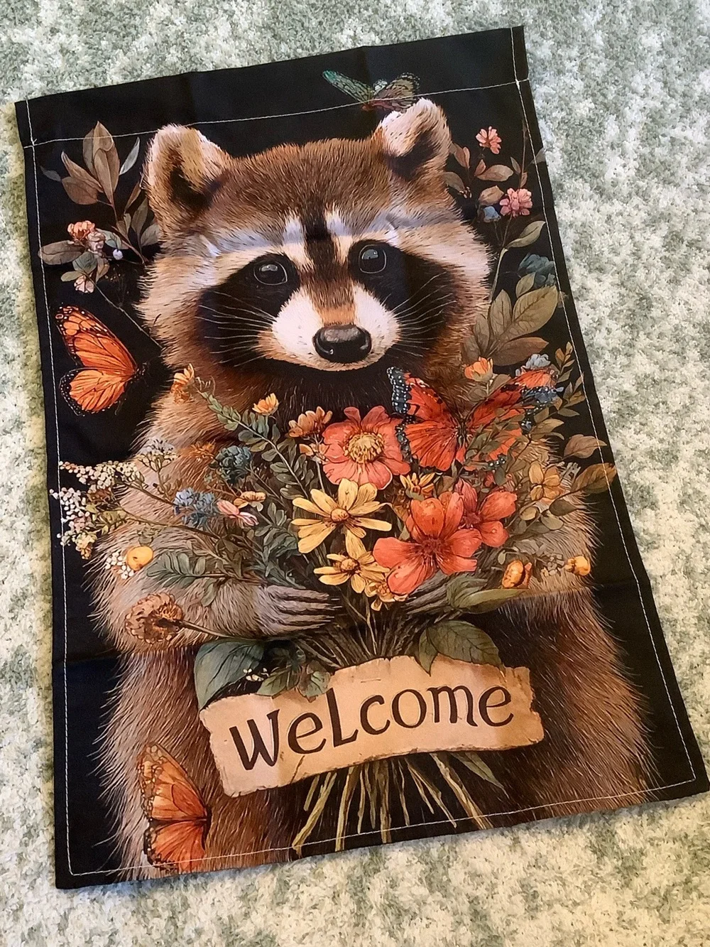 Welcome Raccoon Floral Small Fabric Garden Flag NWT 11.75” x 17.50”